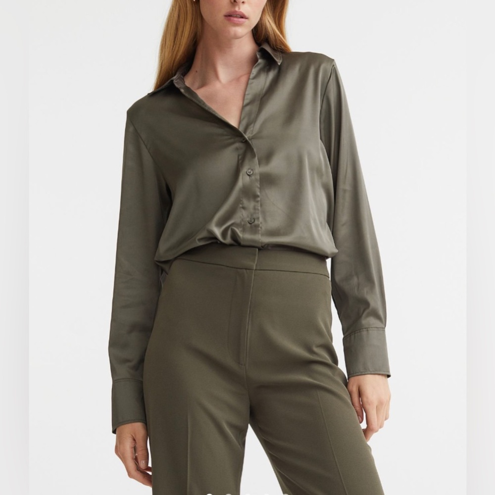 H&M “Satin” Buttondown Blouse - Olive Green